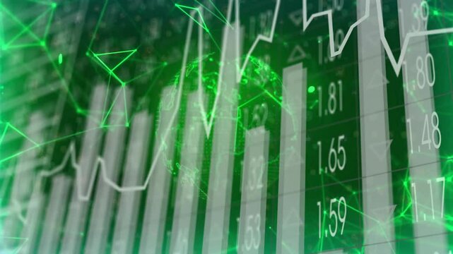Rotating globe starting line chart emerging behind rising bars labels updating visualizing finances