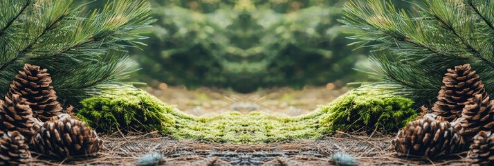Symmetrical forest floor scene with pine cones and moss, framed by pine branches