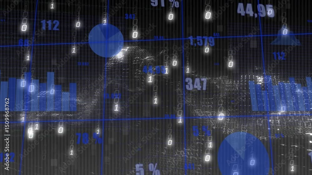 Poster binary streams cascading initiating dashboard animating bars, pie shifting, 3d surface rising