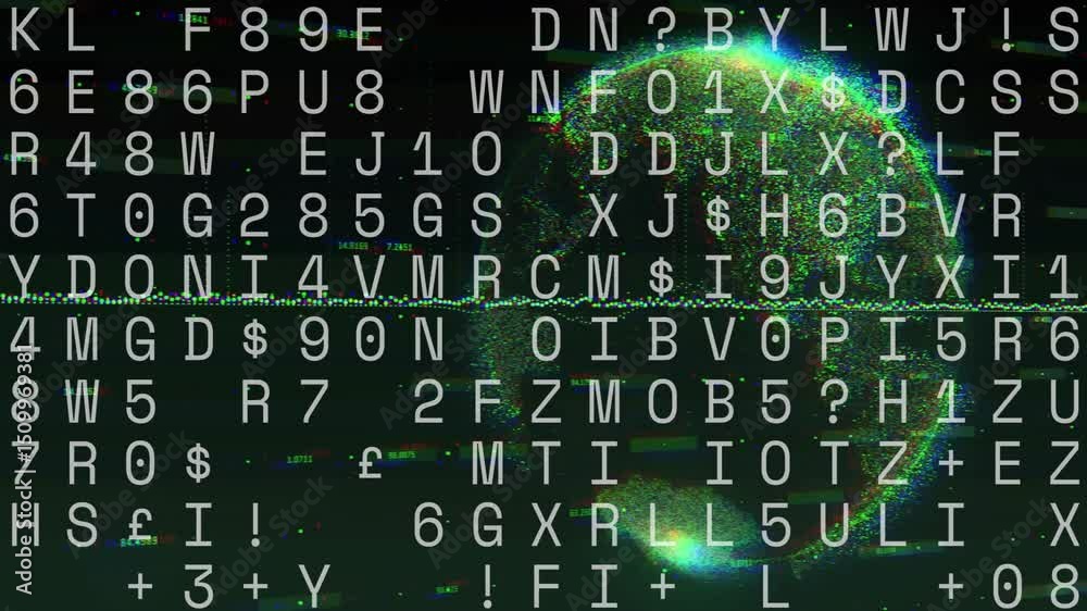 Poster activating pulsing scan line lighting flashing code and rotating globe, visualizing global data