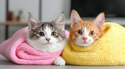 Two Adorable Kittens Wrapped in Pink and Yellow Blankets