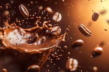 Coffee splash with roasted beans mid-air