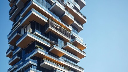 A luxury skyscraper with suspended balconies and cantilevered terraces