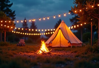 Energetic Campsite with celebration during string lights