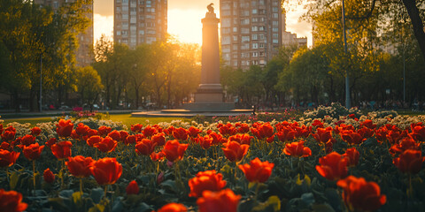 City park with blooming red tulips at sunset, Urban garden flowers with warm sunlight, Scenic landscape with colorful tulip field 
