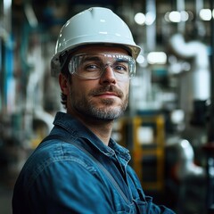 Industrial worker operating machinery factory setting portrait photography indoor environment close-up view safety compliance
