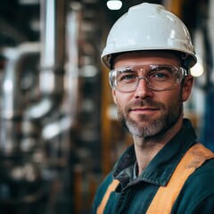 Industrial worker in safety gear factory setting portrait photography professional environment close-up view workplace safety