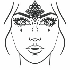 Vector art sketch of a fashionable woman's face with elegant eyes, lips, and flowing hair, illustrating her stylish design and beautiful silhouette