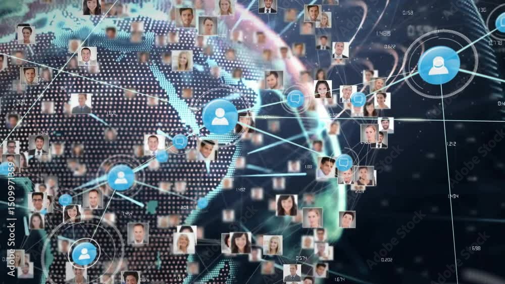 Poster rotating globe activating avatar nodes and extending glowing lines shaping global digital network