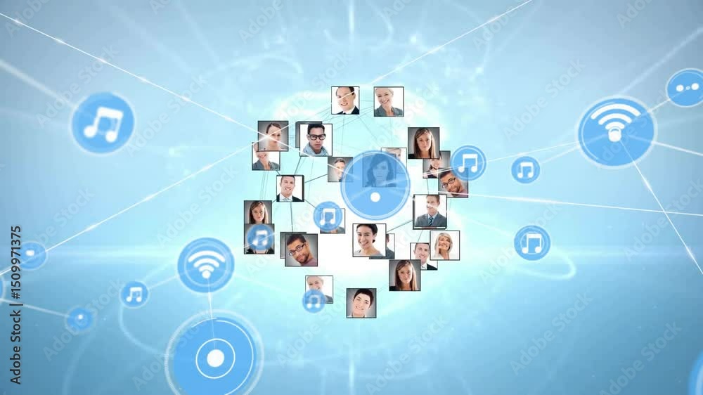 Poster users in tech network using pulsing icon, forming expanding rings linking icons to build network