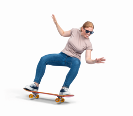 Smiling woman balancing on skateboard, arms out for stability. Casual clothes, studio shot, isolated on transparent background png. Youth, lifestyle, energy, and fun concept.