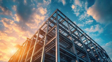 Constructing a steel framework urban city architectural photography sunset sky low-angle perspective modern design