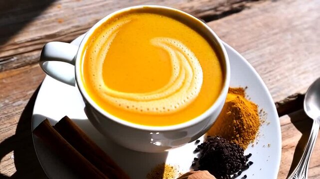 Golden drink in white cup on rustic wooden table