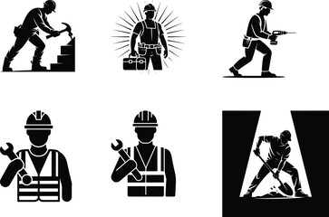 Construction Worker with Tools Silhouette Set – Builder Icon Collection Silhouettes of Workers & Tools – Construction Labor Vector Set