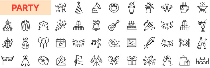 Fototapeta premium Party Line Icon Design Featuring Balloons, Gift Boxes, Champagne Glasses, Cakes, Fireworks, Confetti, Party Hats, Music Notes, Banners, Outfits, Ice Cream, and Celebration Elements