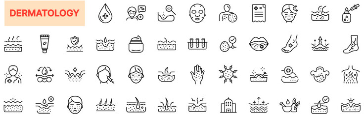 Dermatology and Skin Care Line Icon Design Featuring Skin Layers, Acne Treatment, Cosmetic Tubes, Facial Masks, Wrinkles, Hair Removal, Test Tubes, Lips, UV Protection, and Dermatological Procedures