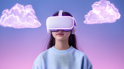 Young Woman Using a VR Headset Surrounded by Purple and Pink Clouds