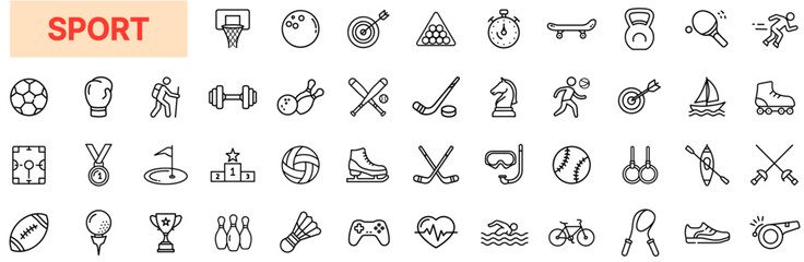 Sport Activity Line Icon Design Featuring Balls, Players, Fitness Gear, Trophies, Whistles, Rackets, Gym Equipment, Water Sports, Cycling, Heart Rate, Video Games, and Athletic Competitions