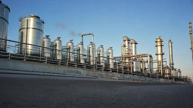 A large industrial complex with pipes and distillation towers, set against a clear sky. Suitable for energy, fossil fuels, and industry themes.