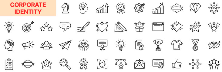 Corporate Identity and Brand Representation Line Icon Design Featuring Logos, Certificates, Awards, Brand Messaging, Marketing Symbols, Taglines, Company Culture Icons, and Professional Recognition Ba