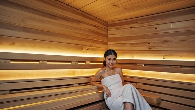 A serene moment inside a traditional spa setting, with warm lighting and an Asian young woman enjoying a sauna ultraviolet session.