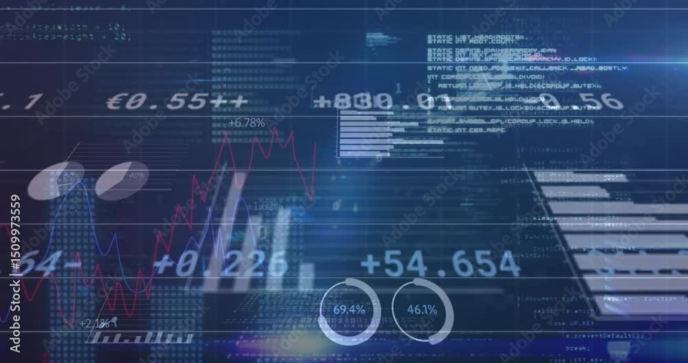 Poster dark grid showing data lines and code, shifting charts and updating gauges for real-time view