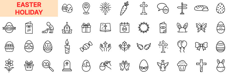 Easter Holiday and Religious Symbols Line Icon Design Featuring Decorated Eggs, Bunnies, Church Scenes, Crosses, Celebration Ribbons, Scripture Books, Carrots, Holiday Meals, Faith Elements, and Flowe