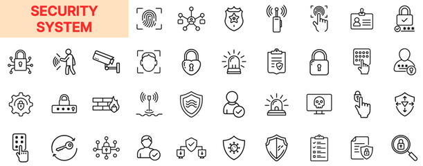 Security System and Access Control Line Icon Design Featuring Locks, Surveillance Cameras, Fingerprints, Biometric ID, Alarm Bells, Firewalls, Password Keypads, Shield Icons, and Digital Protection El