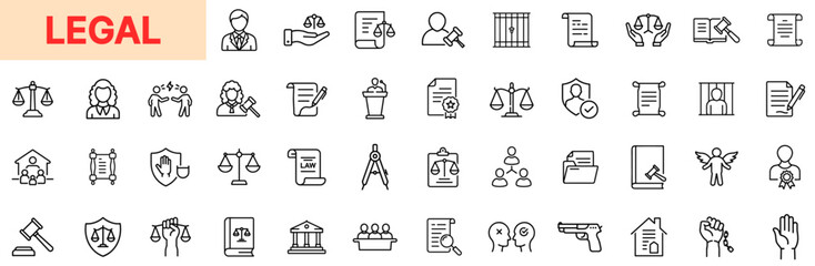 Legal and Judicial System Line Icon Design Featuring Scales of Justice, Court Documents, Judges, Law Firms, Legal Files, Jury Trials, Rights Symbols, Criminal Records, Legal Advice, and Courtroom Proc