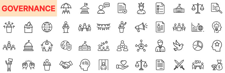 Governance and Public Administration Line Icon Design Featuring Government Buildings, Voting Icons, Legal Documents, Political Debates, Group Leadership, Civic Rights, Policy Charts, and Decision-Maki