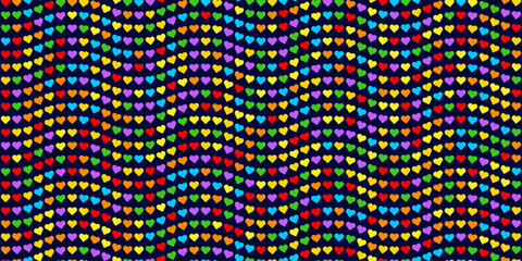 Wavy Rainbow Heart Mosaic, seamless vector pattern with colorful hearts in a retro vintage rainbow palette. Perfect for backgrounds, textiles, and festive banner designs, spreads love and joy