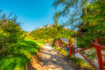 Peak Tri Koruny or Trzy Korony during day with green meadow and trees in spring. Pieniny National park in Slovakia and Poland . © Zedspider