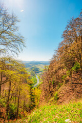 Hiking to peak Tri Koruny or Trzy Korony during day. Pieniny National park in Poland. View from the lookout at the top. © Zedspider