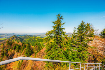 Hiking to peak Tri Koruny or Trzy Korony during day. Pieniny National park in Poland. View from the lookout at the top. © Zedspider