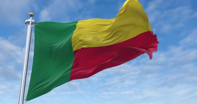 Benin flag with flagpole waving in wind, rolling clouds background looping, 4K video (Perfect Loop)