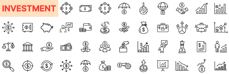 Investment and Financial Growth Line Icon Design Featuring Dollar Signs, Piggy Banks, Coins, Stock Charts, Return Arrows, Portfolio Icons, Seed Funding, Budget Stacks, Global Finance, and Income Manag