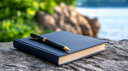 Elegant Black Notebook and Pen on a Stone by a Calm Lake Surrounded by Nature