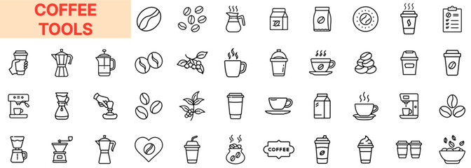 Coffee Tools and Brewing Equipment Line Icon Design Featuring Grinders, Mugs, Espresso Machines, Kettles, Coffee Beans, Filters, Scoops, Cups, Frothers, Brewing Pots, Takeaway Lids, and Coffee-Making 