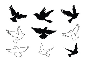 Flying Birds silhouette vector with editable strokes on transparent background