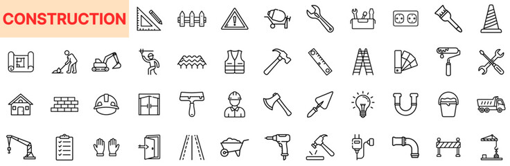 Construction and Building Tool Line Icon Design Featuring Hammers, Helmets, Bricks, Safety Gear, Blueprints, Engineering Symbols, Ladders, Wrenches, Cranes, Roadblocks, Plumbing Pipes, and Infrastruct