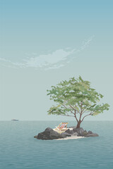Beach chair on a deserted island in the middle of the ocean with blue sky vertical background illustrated have blank space. Vacation in summer concept.