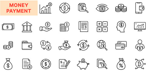 Money Payment and Finance Transaction Line Icon Design Featuring Coins, Banknotes, Dollar Signs, Wallets, Credit Cards, Currency Exchange, Financial Apps, Receipts, Tax Forms, and Accounting Calculati