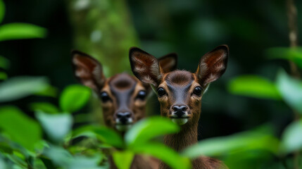 Two Young Deer Peering Through Lush Green Leaves in a Dense Forest Setting