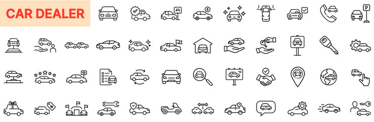 Car Dealer and Auto Sales Line Icon Design Featuring Vehicle Listings, Test Drives, Car Keys, Contracts, Price Tags, Car Lot Signs, Showroom Cars, Inspection Icons, Transport Options, and Automotive M