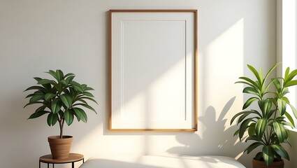 Minimalist interior with blank frame plants and natural light for mockup