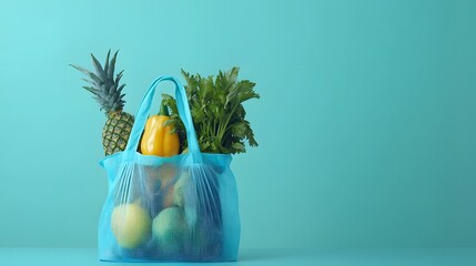 Photograph of a blue mesh shopping bag filled with a pineapple, carrots, and parsley against a teal background.