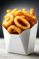 Packaged Curly Fries on Matte White Surface – Studio Style