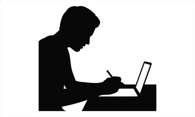 Man silhouette working on laptop computer