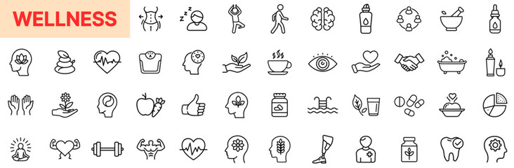 Wellness and Health Care Line Icon Design Featuring Mindfulness, Yoga, Heart Health, Natural Remedies, Fitness, Body Care, Mental Clarity, Nutrition, Medical Supplements, Spa Elements, and Self-Care S
