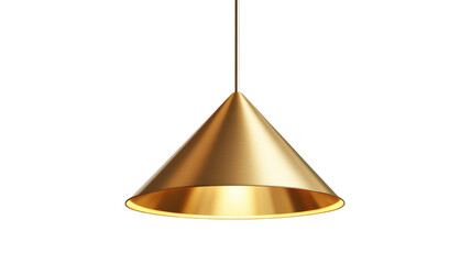 Fototapeta premium Title: Golden Conical Pendant Light Fixture with Text on White Background